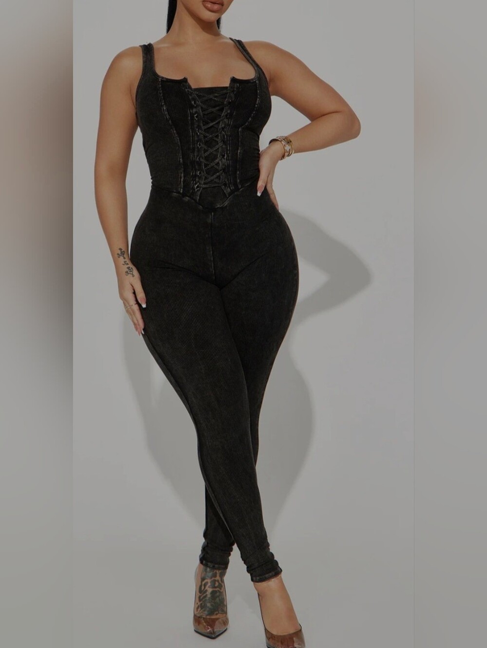 Fashion Nova Tie Me Right Ribbed Jumpsuit - Black - Large